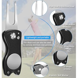Middletown Outdoors Golf Divot Tool with Magnetic Ball Marker, Multifunctional Divot Tool, Foldable Fork,Fix Divots, Clean Clubs and Cleats, U Shape Bottom can Hold Club, Black