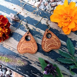 Spirit Board Planchette Dangle Earrings, Hypoallergenic Nickel Free Wooden Witch Jewelry, Evil Eye Spirit Summoning Board Piece Earrings