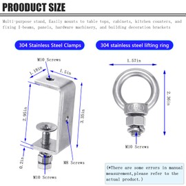 C Clamps – 304 Stainless Steel Beam Clamps with M10 Screw Ring | Adjustable, Rust-Resistant I Beam Clamps for Ring Beams, Welding, Woodworking, Plants & Desk Use. Wide Jaw Openings(75MM)2-Pack