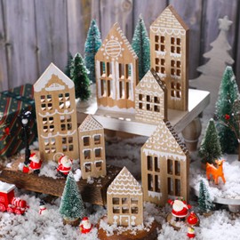 Briwooody 7 Pcs Gingerbread House Christmas Wood House Silhouettes for Mantel Block Farmhouse Gingerbread House Decor Tabletop Xmas Village Set Winter Desk Shelf Ornament for Home Office Coffee Bar