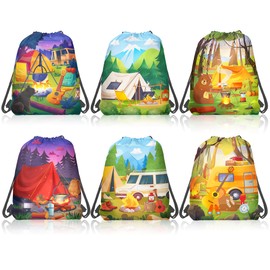 12 Pcs Camping Theme Drawstring Non-Woven Bags Cartoon Drawstring Bag Organizer Great for Travel, Fitness and Daily Use, 3 Design