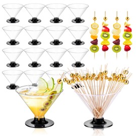 60Pcs Plastic Martini Glasses Disposable Cocktail Glasses for Parties + 100Pcs Pearl Cocktail Picks, Clear Unbreakable Mini Plastic Margarita Glasses for Weddings Wine Ice Cream Appetizers Food