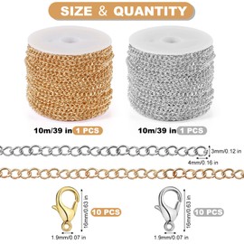 GOTDYBST 2 Pieces 10 m Link Chain Sold by the Metre, Link Chain Includes 20 Lobster Clasps, Chains Crafts, Not Easy to Fade, Chain for Jewellery DIY (Gold and Silver)