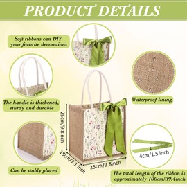 Paterr Wedding Burlap Tote Bags with Handle Jute Gift Bags with Silk Ribbon Wildflower Reusable Tote Handbags for Bridesmaid(6 Pack)