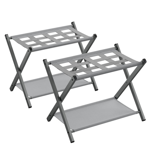 SONGMICS Luggage Racks for Guest Room, Set of 2, Suitcase Stand with Fabric Storage Shelf, Foldable for Space-Saving Storage, Steel Frame, Hotel, Bedroom, Dove Gray URLR004G02