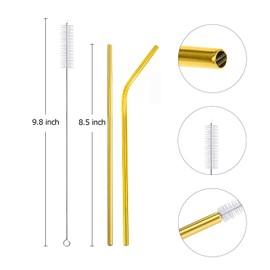 Woyinger 12 Pack 8.5" * 0.24" Stainless Steel Straws with 2 Cleaning Brushes, 6 Straight + 6 Bent Mental Straws, Compatible with 20oz Tumblers (Silver/Black/Gold/Rose Gold/Purple/Rainbow)