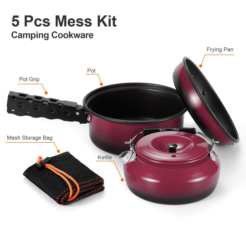 Odoland 5pcs Camping Cookware Mess Kit, Non-Stick Lightweight Pot Pan