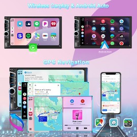 Wireless Apple Carplay 7 inch Double Din Car Stereo,IPS Touchscreen,Car Bluetooth 5.2,Car FM Radio,Bakcup Camera,Subwoofer Ports,Car Audio Receiver,Android Auto,Type-C/USB Fast Charging,GPS Navigation