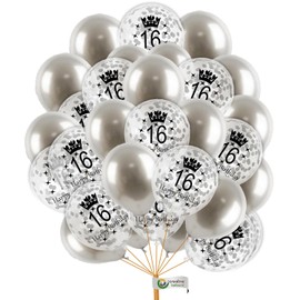 Silver 16th Birthday Balloons 12 Inch Age Printed Confetti Pearl Balloons Happy Birthday Balloons Birthday Decoration Pack of 16