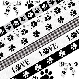 LANGFON 6PCS 3/8" Paw Print Ribbons Grosgrain Black White Dog Paw Print Ribbons for Wrapping Gift 15 Yard, Paw Print Decor Ribbon for Pet Dog Lover Birthday Party Decoration Gift Wrapping DIY Supplies