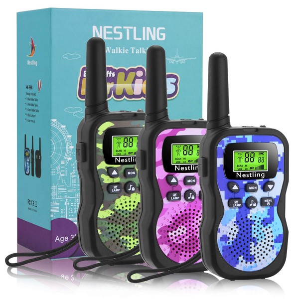 Nestling Walkie Talkies 3 Pack, Upgraded Version Camouflage Exterior 8 Channels 2 Way Radio Toys with Backlit LCD Flashlight, 3KM Range for Kids Indoor Outdoor Activity