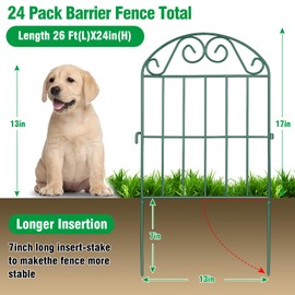 ADAVIN 24Panels Collapsible Garden Fence Animal Barrier, 26 Ft(L) x 24 in(H) Green Rustproof Metal Wire Panel Border for Dogs Rabbits, Flower Edging for Landscape Patio Yard Outdoor Decor, Arched
