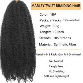 105 Strands Marley Twist Braiding Hair 12 Inch Marley Twist Hair Long Black Marley Hair for Faux Locs 7 Packs Afro Twist Hair Extensions (1B#, 12INCH(pack of 7))
