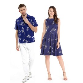 Couple Matching Hawaiian Luau Cruise Outfit Shirt Vintage Dress Classic Navy Men XL Women 2XL