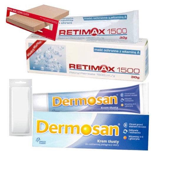 Retinol Cream x 2 Retimax 1500 + Dermosan Vitamin A E Acne Scars Dry Sensitive Skin Anti Ageing Blemish Pigmentation 30 g + 40 g Tubes of Retinal