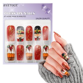 French Tip Press on Nail Thanksgiving Day Fake Nail Medium Coffin False Nails Glitter Orange Acrylic Nails with Nutcracker Design Glue on Nails Autumn Stick on Nails for Women Holiday Manicure 24 PCS