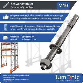 Lumonic Heavy Duty Anchor M10 x 140 Stainless Steel A4 I For Use As Metal Dowels, Bolt Anchors, Flash Dowels I For Various Types Through Mounting