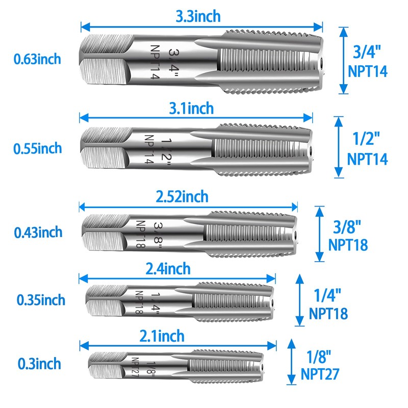 5-Piece NPT Pipe Tap Set, 1/8", 1/4", 3/8", 1/2", 3/4"