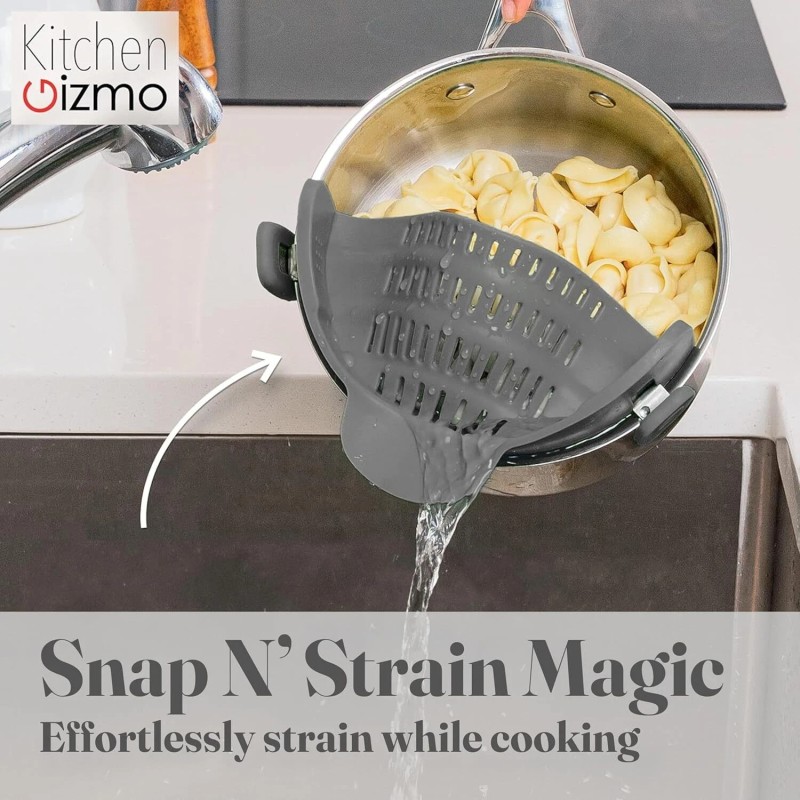 Kitchen Gizmo Hands Free Clip On Strainer Gray Silicone Dishwasher
