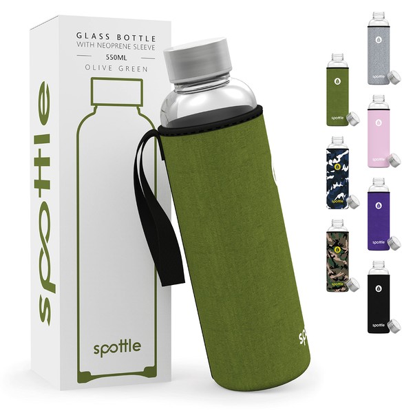 spottle glass water bottle 1 litre with neoprene sleeve - borosilicate drinking bottle 500ml, 750ml, 1l with lid - water bottle glass for kids and adults - dishwasher safe