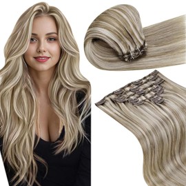 LaaVoo Clip In Hair Extensions Real Human Hair Extensions Clip In 7pcs 120g 18 Inch - Highlight Light Brown & White Blonde Remy Straight Clip-in Human Extensions Double Weft #p8/24