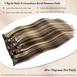 Clip in Hair Extensions Human Hair, 15 Inch Brown Highlights Blonde Hair Extensions Real Remy Human Hair Clip-in Thick Full Brown Hair with Blonde Clip ins, Lightweight to Wear