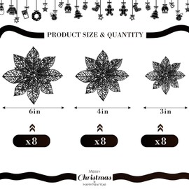 24 Pieces Glitter Poinsettia Christmas Tree Ornament Christmas Flowers Decor Ornament, 3/4/6 Inches (Black)
