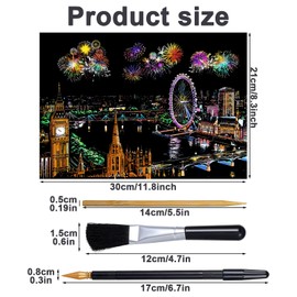 Yolev 4 Sheets Scratch Art Adult Scratch Painting Rainbow Paper Sketch Pads Card Night View Landscape Scratchboard(A4) Scratch Cards with Scratch Art Tools Creative DIY Art Craft