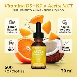 SEREMONY - Vitamina D3 + K2 Con MCT Oil - Aceite de Coco Orgánico - 30 ml - Líquido en Gotas - 600 Porciones - Sin Azúcar - Sabor Naranja - Plant Based