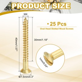 PATIKIL M4 x 40mm Slotted Wood Screw, 25 Pack Solid Brass Oval Head Flat Head Self Tapping Screws for Wood Furniture Connecting, Gold Tone