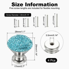 uxcell Drawer Knobs,4Pcs 1.1 Inch(28mm) Diameter Bling Diamond Decoration Cabinet Knob, Round Rhinestones Pull Handle with Screws for Home, Office, Kitchen (White Base + Lake Blue Diamond)