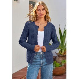 MEROKEETY Women's Cable Knit Open Front Cardigan Sweaters Fall Long Sleeve Button Down Soft Outwear, Navy, S