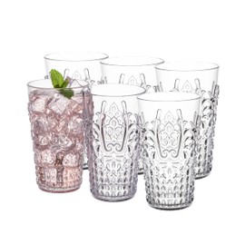 KLIFA- BLOIS- 20.5 ounce, Set of 6, Acrylic Highball Drinking Glasses, BPA-Free, Stackable Plastic Drinkware, Dishwasher Safe, Vintage Looking Cups, Clear