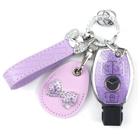 Rayslesan Key Fob Cover with Leather Holder Compatible with Airtag/RFID,Compatible with Benz C/C AMG，E/E AMG ，R S G CL GLK ML Series, RFID Protector, Car Key Accessories (3-Button, Purple)