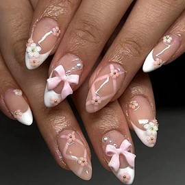 Cute Bow Press on Nails Medium Almond Fake Nails White French Tip Glue on Nails 3D Flowers False Artificial Nails Glossy Full Cover Stick on Nails for Women Girls Manicure 24PCS