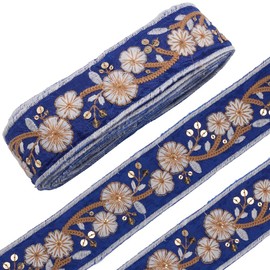 CABODYALS 5 Yards 1.73 Inch Blue Embroidered Jacquard Ribbon Ethnic Style Floral with Gold Sequins Woven Strap Versatile Webbing Fabric Trim for Sewing Making Clothes Bag Hat Belt DIY Craft Supply
