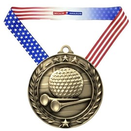 Decade Awards Golf Medal - Gold Wreath | Engraved Golf Tournament Medal with Neckband Ribbon - 2.75 Inch Wide - Customize Now (Gold-SSNB)