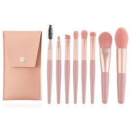 8Pcs Travel Makeup Brush Set Mini Makeup Brushes Set Portable Real Techniques Brushes Travel Size Makeup Brushes Kit with Makeup Bag for Foundation Eyeshadow, Blush, Contour, & Concealer (Pink)