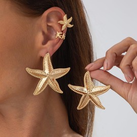 3 PCS Gold Flower Earring Set Golden|Silver Metal Wind Flowers Starfish Earring and Ear Clips Sets Summer Beach Jewelry for Women (Gold-starfish)