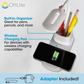 OttLite Organizer LED Desk Lamp with Wireless Charging - 3 Color Temperatures, Dimmable with Touch Activated Controls, Flexible Neck - Includes Storage Area for Desk Supplies