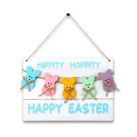 KOYILTD Easter Decorations, Multicolor Wooden Hanging Bunny Door Sign with Happy Easter Greeting, Rustic Vintage Farmhouse Style Wall Decor for Home, Spring Holiday Ornaments (Minimalist)