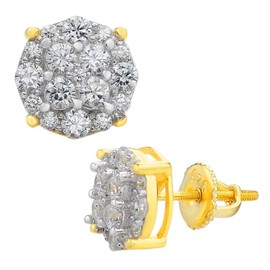 Women's & Real Solid 925 Silver Iced CZ Hip Hop Mens Earrings Round Studs 14k Gold Finish