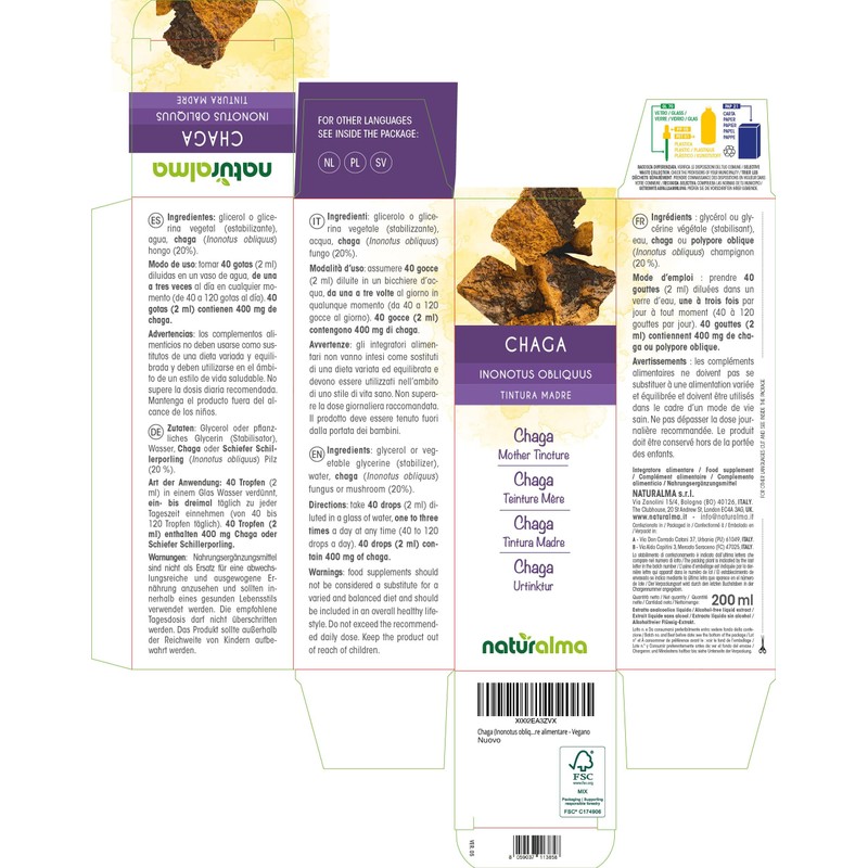 Chaga (Inonotus obliquus) Fungus or Mushroom Alcohol-Free Mother Tincture Naturalma