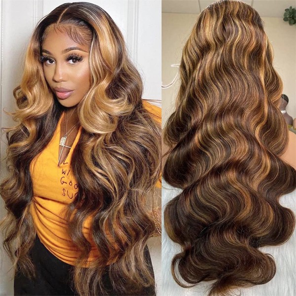 Ombre Highlight 13 x 4 HD Lace Front Wigs 180% Density Human Hair 20 Inch Msgem 4/27 Highlight Transparent Body Wave Lace Front Wigs for Black Women Pre Plucked With Baby Hair Brazilian Body Wave Hair