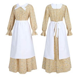 CR ROLECOS Womens Pioneer Dress Yellow Floral Prairie Dresses Pilgrim Colonial Costume Bonnet Apron 3 Pieces Set L
