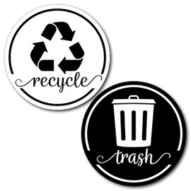 Strong Trash Recycle Magnets for Kitchen Trash Can and Recycle Bin, Rustic Garbage Can Logo Symbol Magnet, 3.5in Recycle Sticker for Trash Can with 4 Adhesive Stickers, USA Made, White & Black 2 Pack