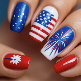 Fireworks Press on Nails America Flag Fake Nails Red Blue White Glue on Nails Short Coffin False Nail with Design Artificial Acrylic Full Cover Stick on Nails for Women Independence Day Manicure 24Pcs