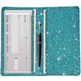 Sanlykate Glitter Bling Checkbook Cover for Girl Women, Shiny Rhombus Pattern RFID Blocking PU Leather Standard Register Check Book Case for Personal Checks with Pen Holder &Divider, Diamond Turquoise