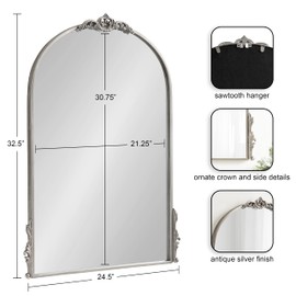 Kate and Laurel Myrcelle Traditional Arched Mirror; 25 x 33; Silver; Decorative Large Arch Mirror with Ornate Garland Detailing Along The Crown and Edges of The Frame