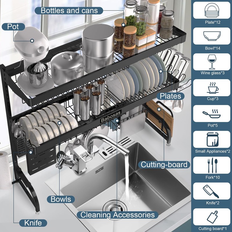 Babosas Over The Sink Dish Drying Rack,3 Tier Adjustable Length